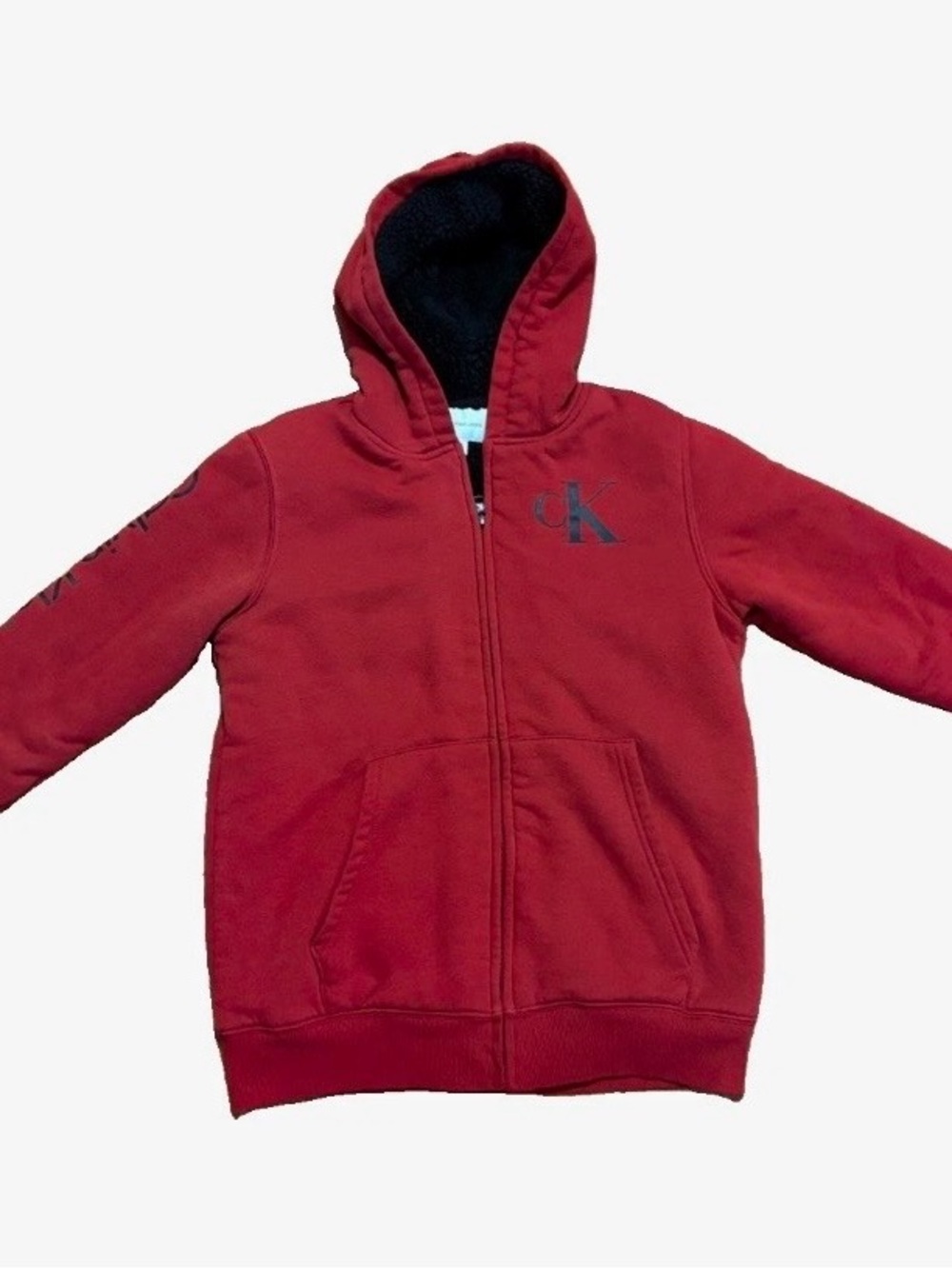 Calvin Klein Jeans Boys Red Zip-Up Hoodie Sherpa-lined Black Red L 14/16